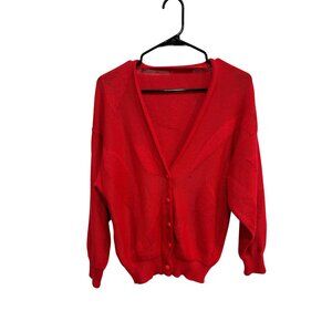 Vintage Womens Red Knit Button-Up V-Neck Cozy Cardigan Sweater Classic Retro